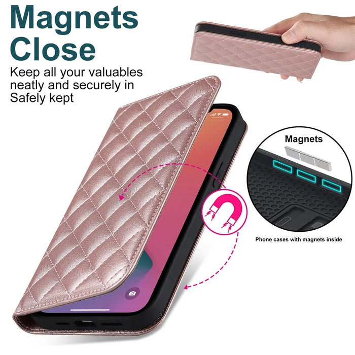 For iPhone 12 / 12 Pro 6.1 inch Magnetic Phone Case RFID Blocking PU Leather Card Holder Stand Cover Compatible with MagSafe - Rose Gold - 7