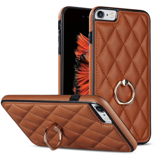 For iPhone SE (2020) / SE (2022) / 7 / 8 4.7 inch PU Leather + TPU Protective Cover Imprinted Rhombus Grid Pattern Rotation Ring Kickstand Phone Case - Brown - 1