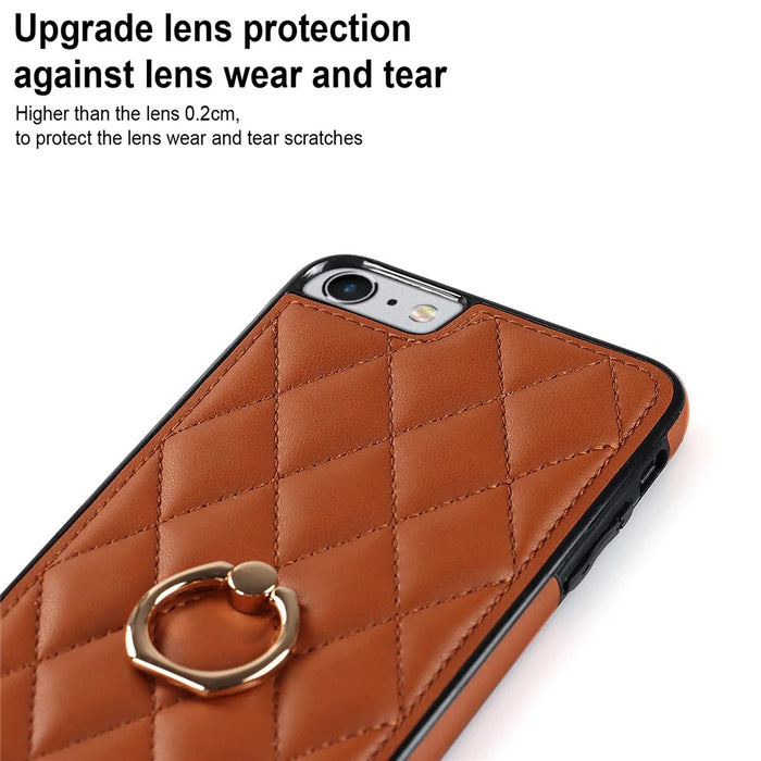 For iPhone SE (2020) / SE (2022) / 7 / 8 4.7 inch PU Leather + TPU Protective Cover Imprinted Rhombus Grid Pattern Rotation Ring Kickstand Phone Case - Brown - 4