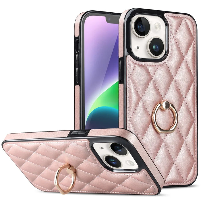For iPhone 14 PU Leather + TPU Phone Case Imprinted Rhombus Grid Pattern Ring Holder Kickstand Phone Cover - Rose Gold - 1