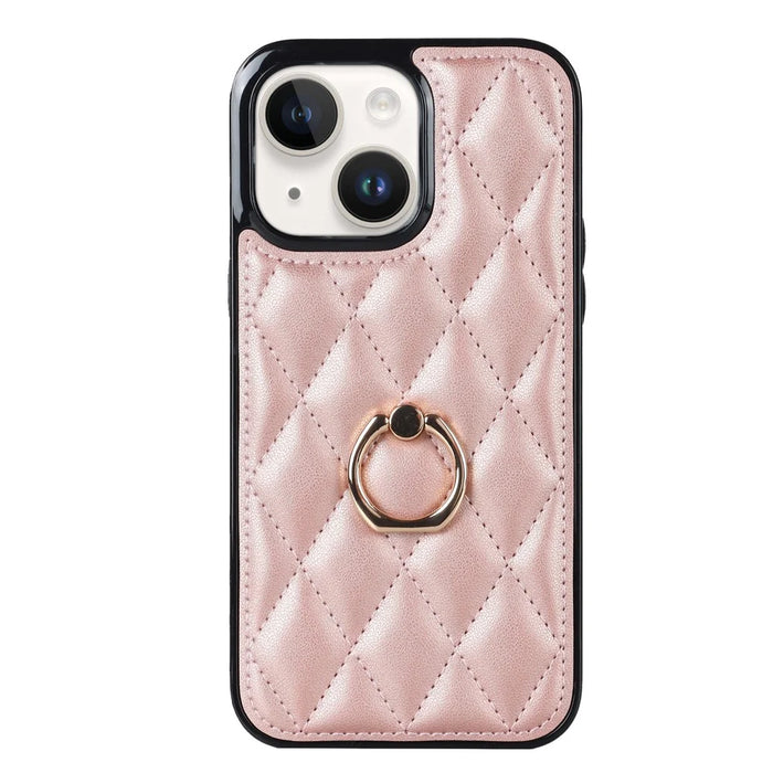 For iPhone 14 PU Leather + TPU Phone Case Imprinted Rhombus Grid Pattern Ring Holder Kickstand Phone Cover - Rose Gold - 2
