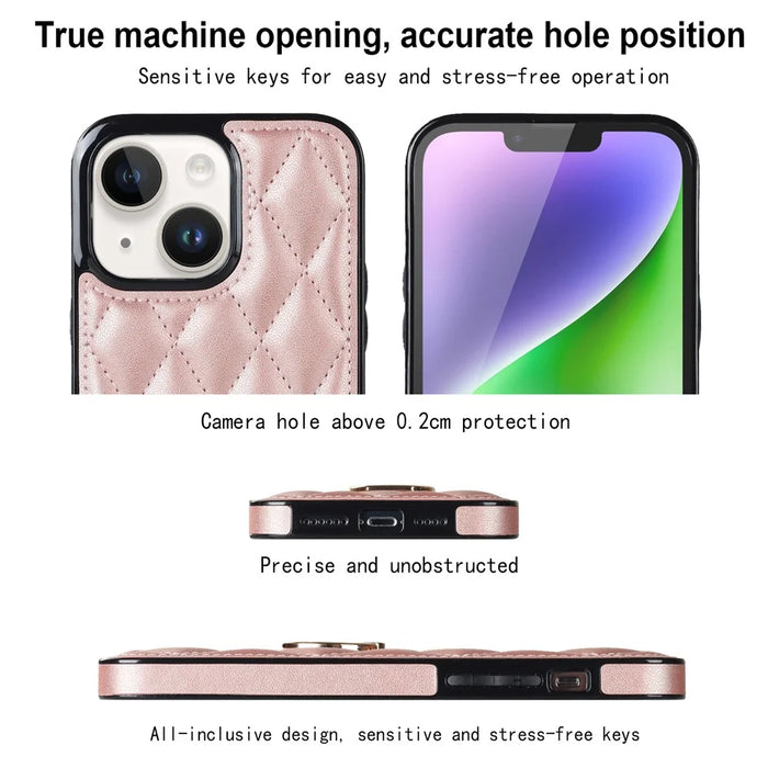 For iPhone 14 PU Leather + TPU Phone Case Imprinted Rhombus Grid Pattern Ring Holder Kickstand Phone Cover - Rose Gold - 3