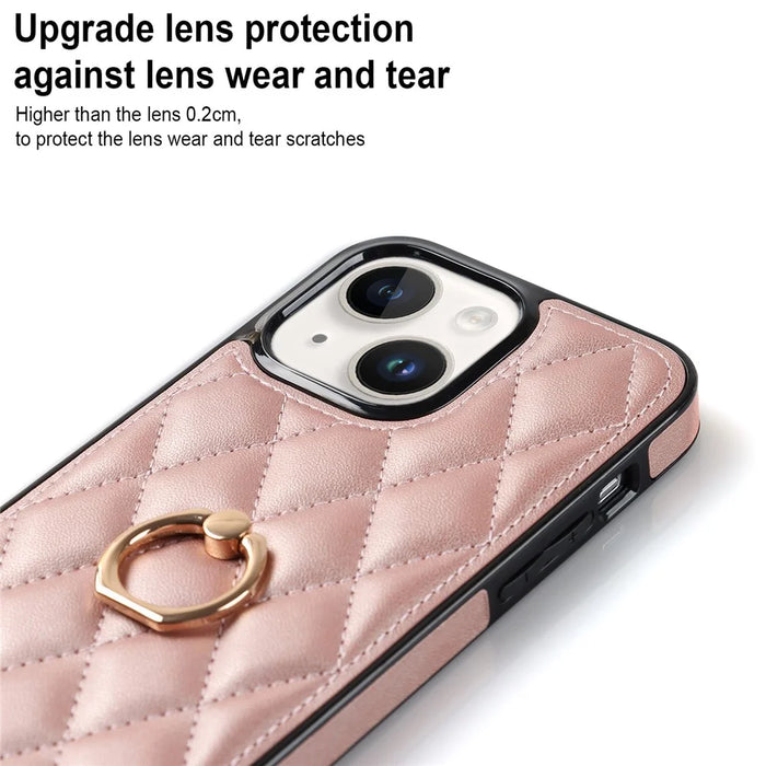 For iPhone 14 PU Leather + TPU Phone Case Imprinted Rhombus Grid Pattern Ring Holder Kickstand Phone Cover - Rose Gold - 4