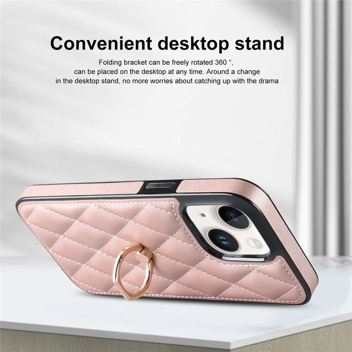 For iPhone 14 PU Leather + TPU Phone Case Imprinted Rhombus Grid Pattern Ring Holder Kickstand Phone Cover - Rose Gold - 7
