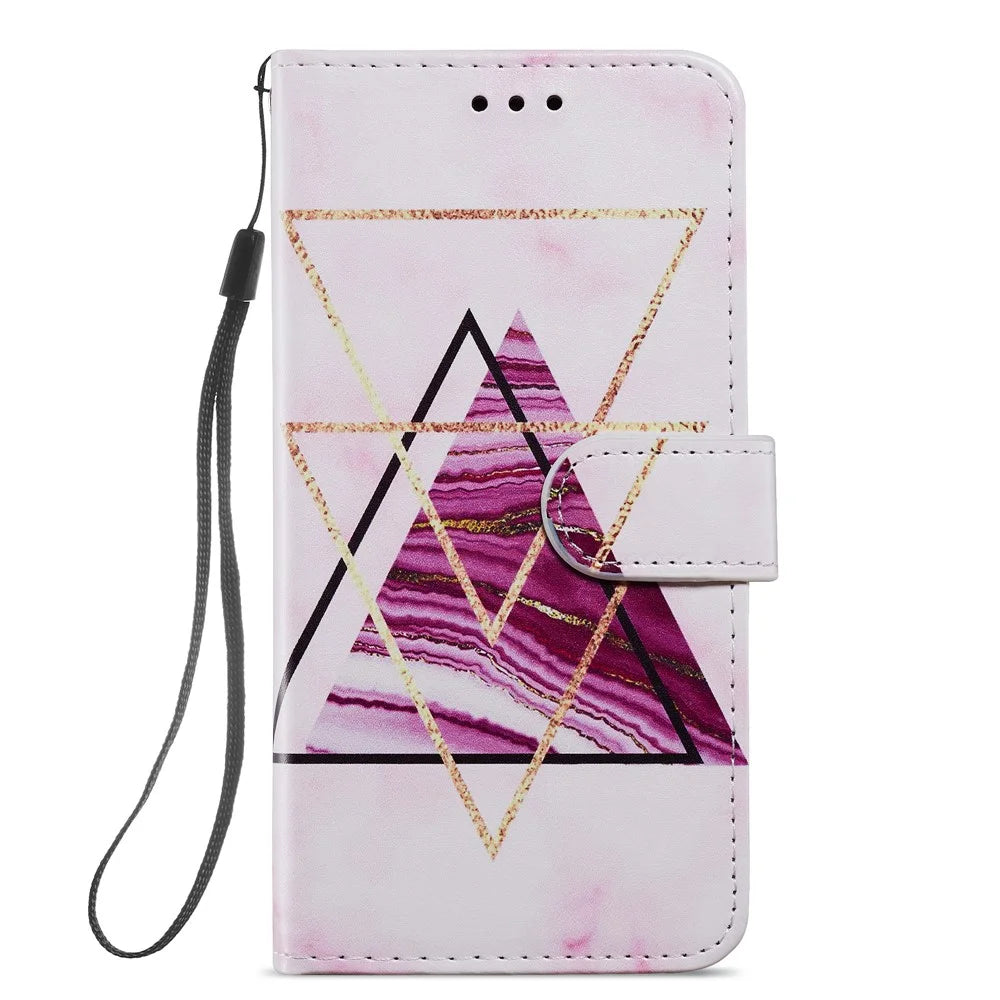 For Samsung Galaxy A34 5G Wallet Phone Case Pattern Printing PU Leather Stand Flip Cover with Strap - Tri-color Marble - 6