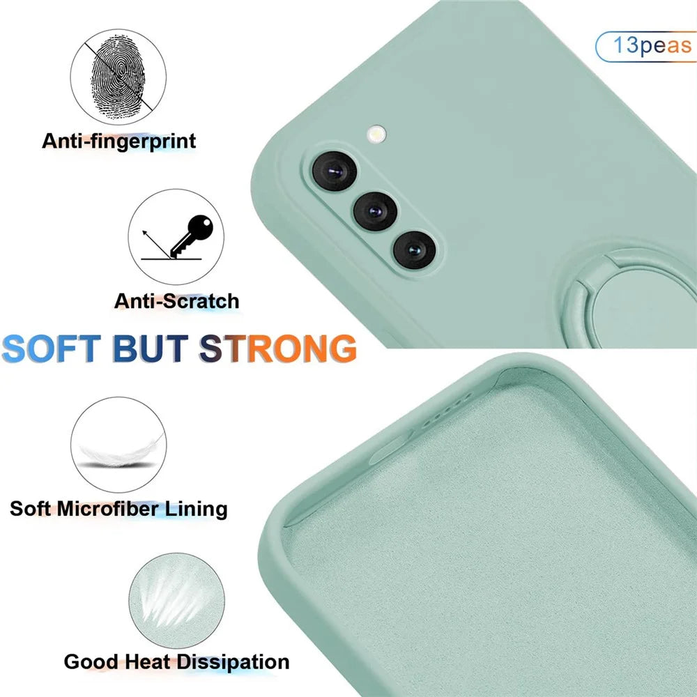 Liquid Silicone Phone Case for Samsung Galaxy S23 Ring Kickstand Phone Back Cover with Lanyard - Cyan - 2