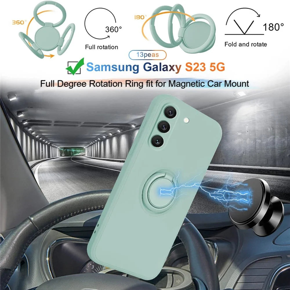 Liquid Silicone Phone Case for Samsung Galaxy S23 Ring Kickstand Phone Back Cover with Lanyard - Cyan - 7