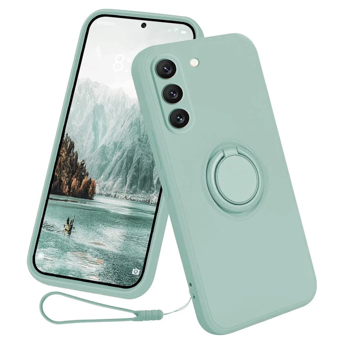 For Samsung Galaxy S23+ Protective Phone Case Ring Kickstand Liquid Silicone Phone Cover with Lanyard - Cyan - 1