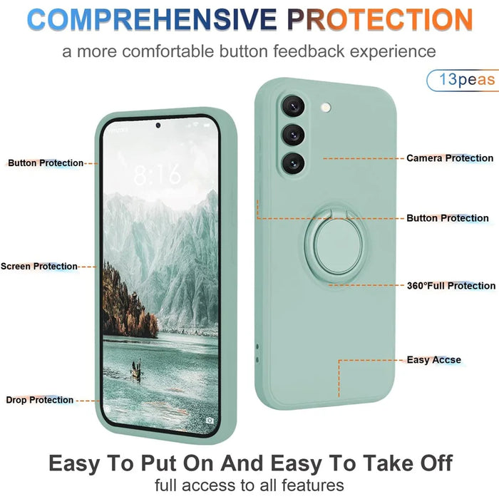 For Samsung Galaxy S23+ Protective Phone Case Ring Kickstand Liquid Silicone Phone Cover with Lanyard - Cyan - 4