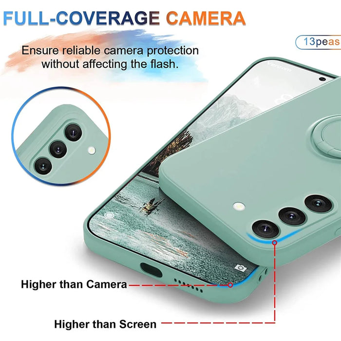 For Samsung Galaxy S23+ Protective Phone Case Ring Kickstand Liquid Silicone Phone Cover with Lanyard - Cyan - 5