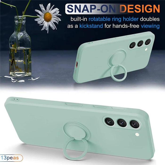 For Samsung Galaxy S23+ Protective Phone Case Ring Kickstand Liquid Silicone Phone Cover with Lanyard - Cyan - 6