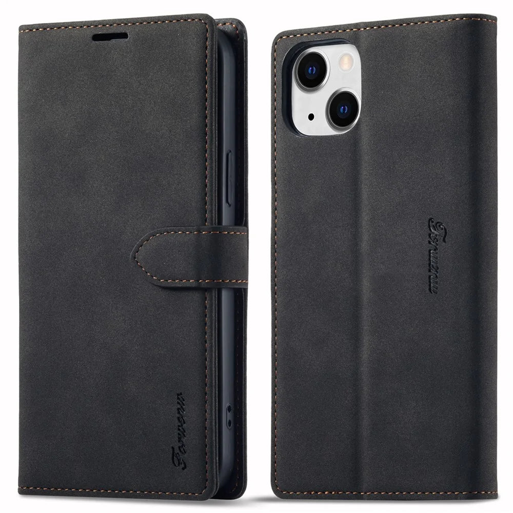 FORWENW Cell Phone Cover for iPhone 14 , F1 Series Shockproof PU Leather Phone Case Wallet Stand - Black - 1