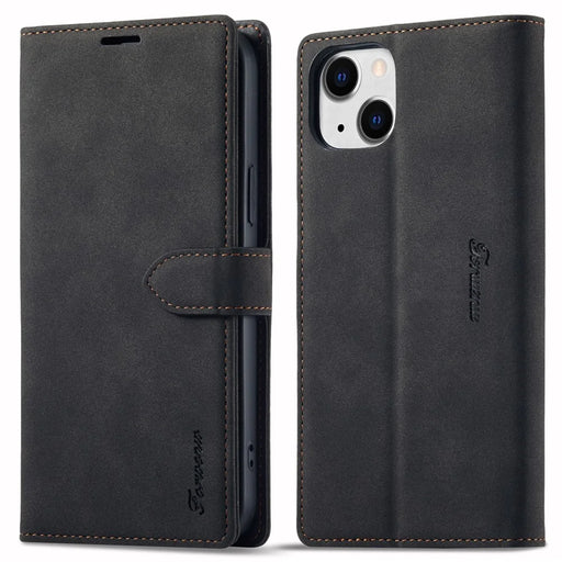 FORWENW for iPhone 14 Plus Full Protection Cell Phone Cover Stand  F1 Series Flip Leather Wallet Case - Black - 1