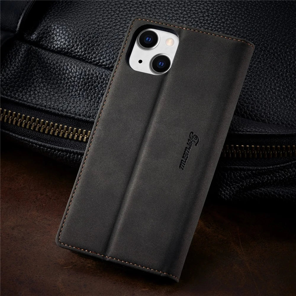 FORWENW for iPhone 14 Plus Full Protection Cell Phone Cover Stand  F1 Series Flip Leather Wallet Case - Black - 6