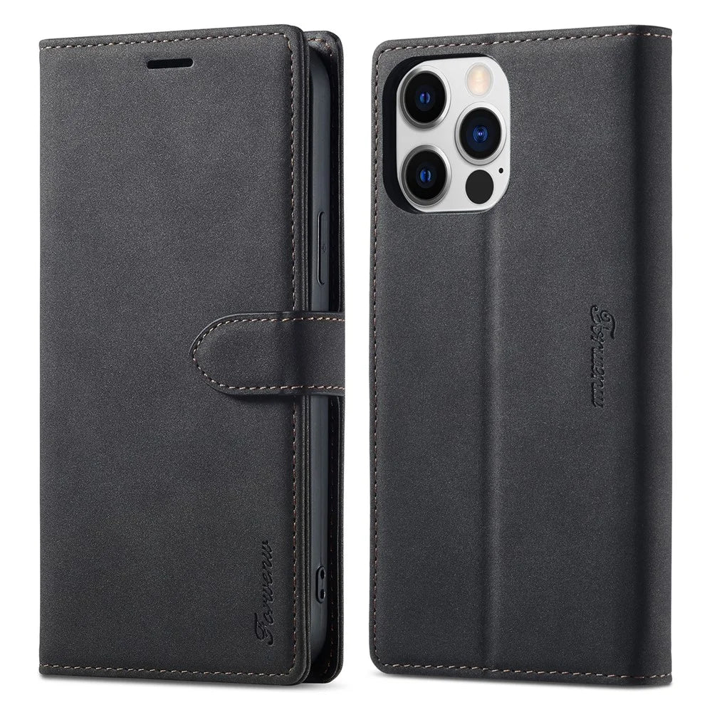 FORWENW F1 Series for iPhone 14 Pro Max PU Leather Phone Wallet Case Stand Protective Phone Cover - Black - 1