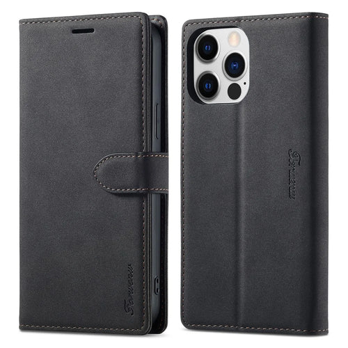 FORWENW F1 Series for iPhone 14 Pro Max PU Leather Phone Wallet Case Stand Protective Phone Cover - Black - 1