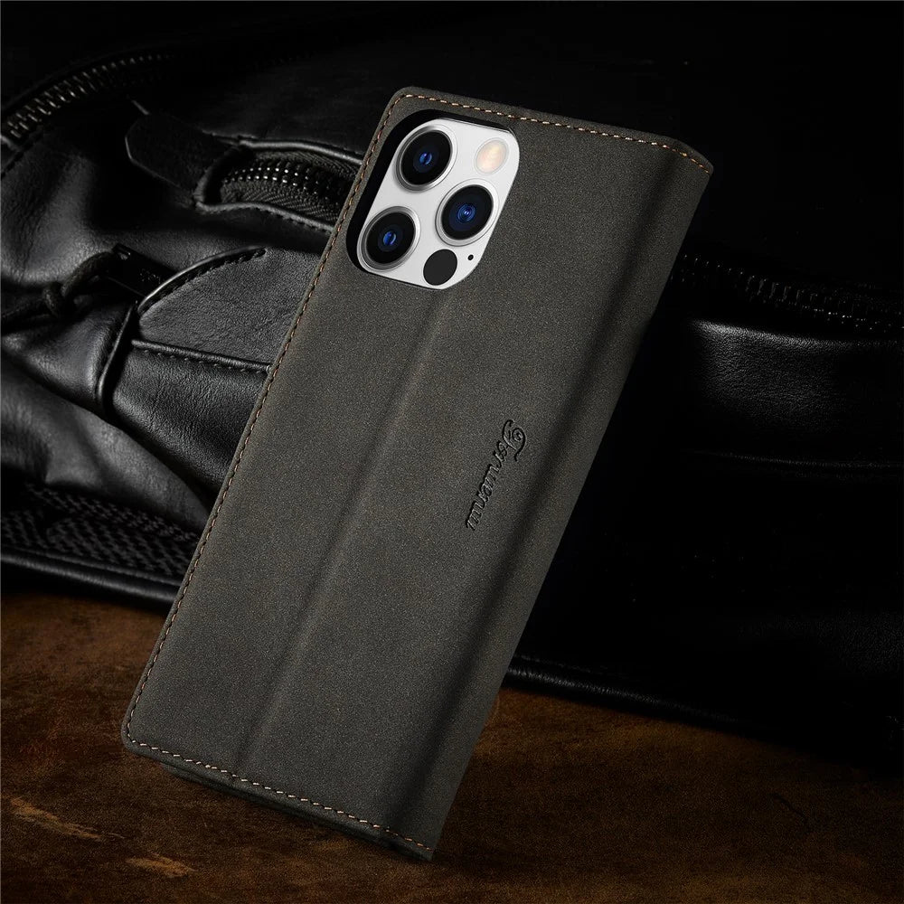FORWENW F1 Series for iPhone 14 Pro Max PU Leather Phone Wallet Case Stand Protective Phone Cover - Black - 6