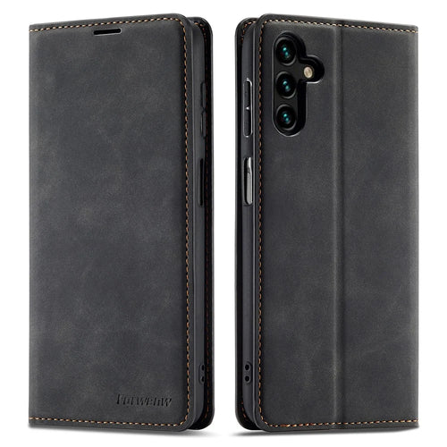 FORWENW for Samsung Galaxy A14 5G / A14 4G Skin-touch Shockproof Phone Cover Stand Fantasy Series Flip Leather Wallet Case - Black - 1