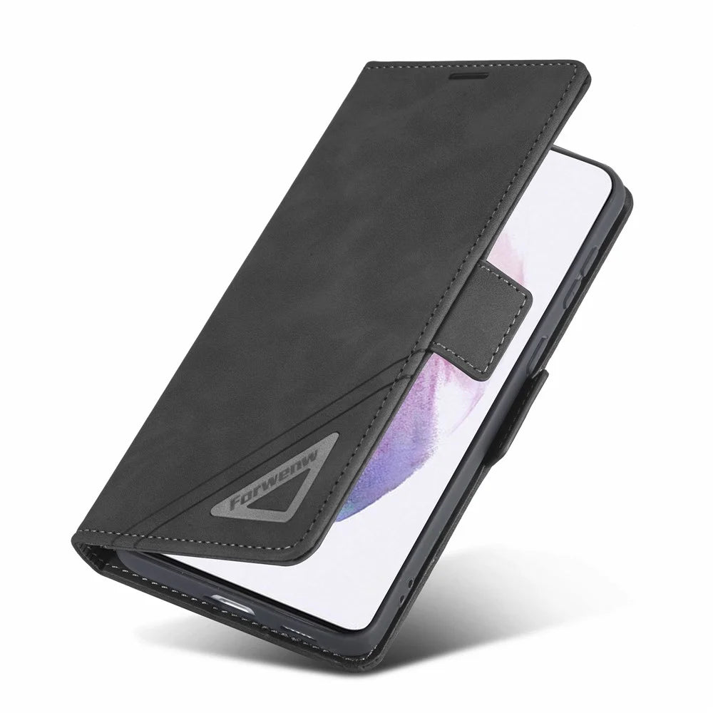 FORWENW F3-Series Anti-drop Phone Case For Samsung Galaxy S23 , PU Leather Anti-scratch Phone Cover Wallet Stand - Black - 4