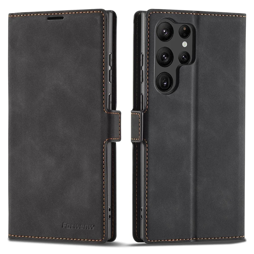 FORWENW for Samsung Galaxy S23 Ultra Fantasy Series Anti-fall Phone Cover Skin-friendly Leather Stand Wallet Mobile Phone Case - Black - 1