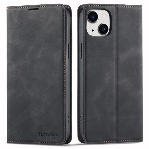 FORWENW for iPhone 14  Fantasy Series Cell Phone Cover Skin-friendly Leather Stand Wallet Drop-proof Flip Phone Case - Black - 1