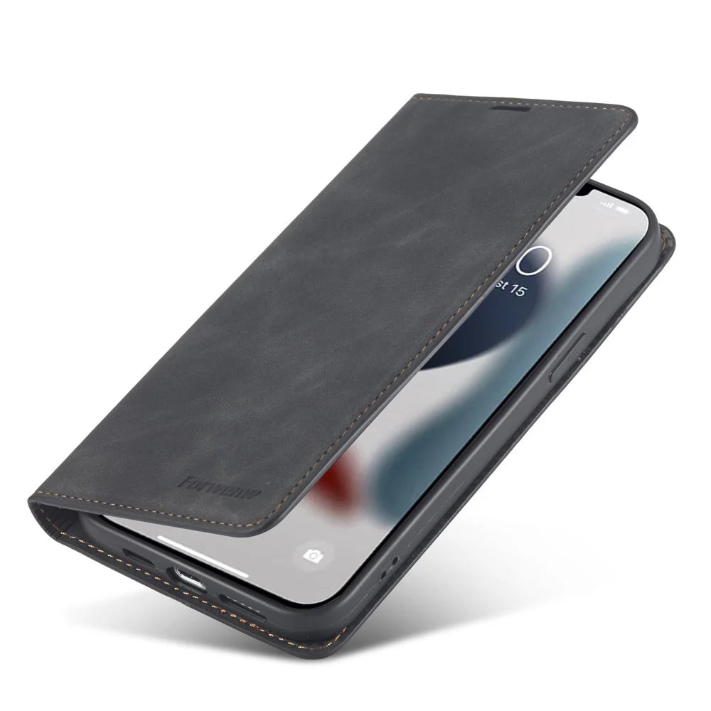 FORWENW for iPhone 14  Fantasy Series Cell Phone Cover Skin-friendly Leather Stand Wallet Drop-proof Flip Phone Case - Black - 4