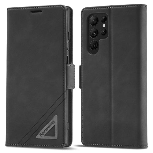FORWENW F3-Series For Samsung Galaxy S23 Ultra Flip Leather Phone Wallet Case Shockproof Phone Cover Stand - Black - 1