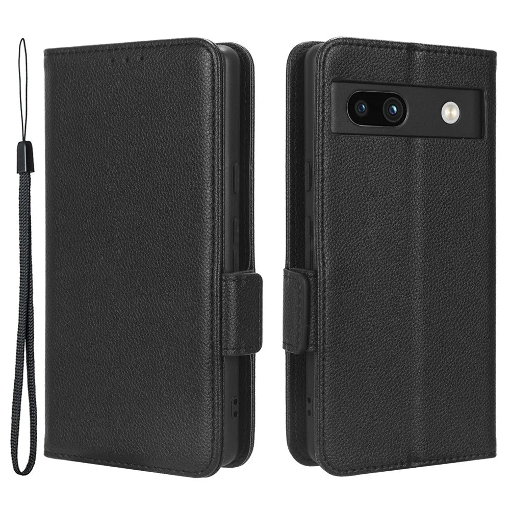 Cell Phone Cover For Google Pixel 7a , Wallet Stand Litchi Texture PU Leather Anti-fall Flip Phone Case - Black - 1