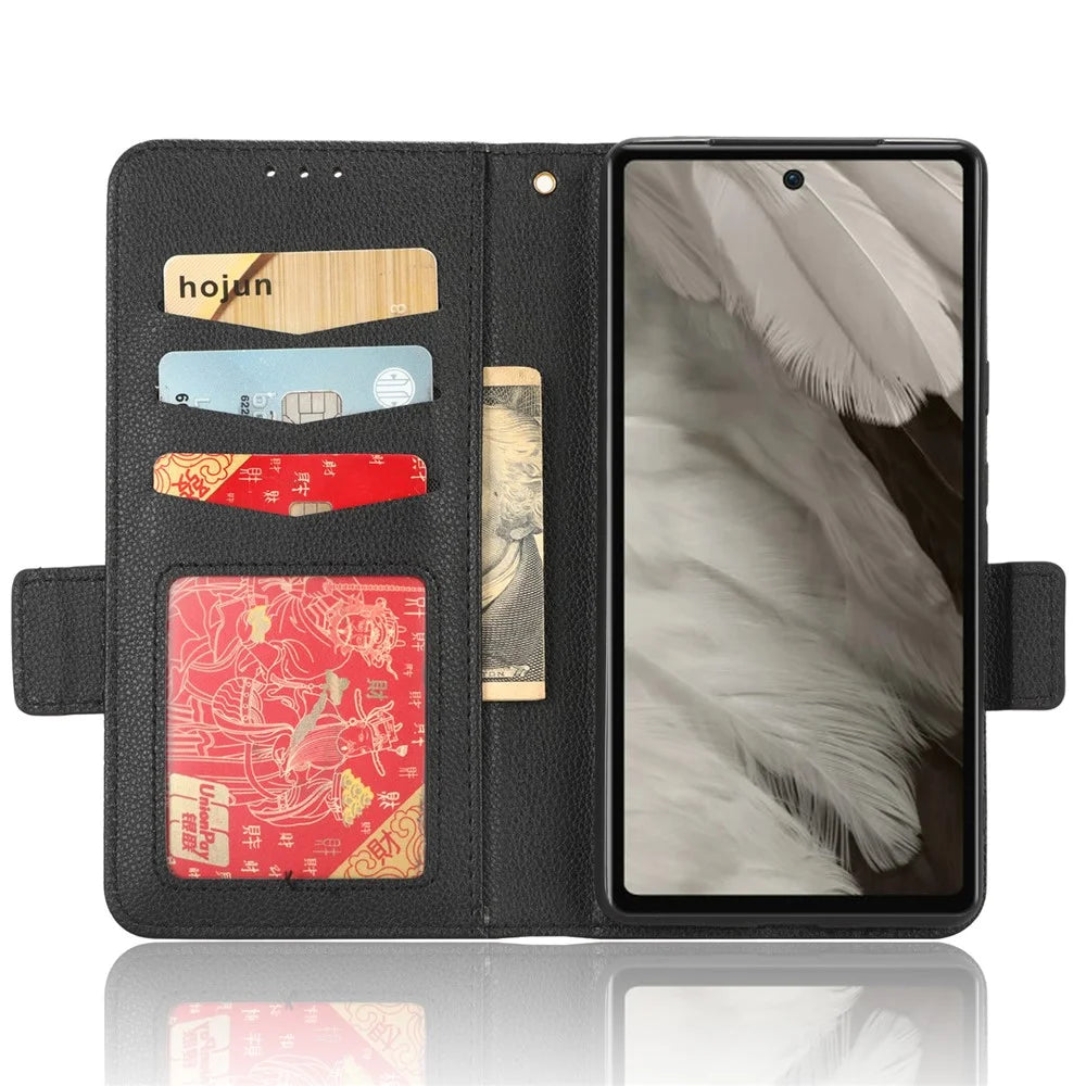 Cell Phone Cover For Google Pixel 7a , Wallet Stand Litchi Texture PU Leather Anti-fall Flip Phone Case - Black - 2