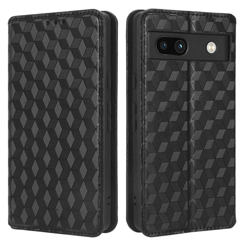 Wallet Phone Case for Google Pixel 7a , PU Leather Imprinted Rhombus Pattern Flip Folio Stand Phone Cover - Black - 1