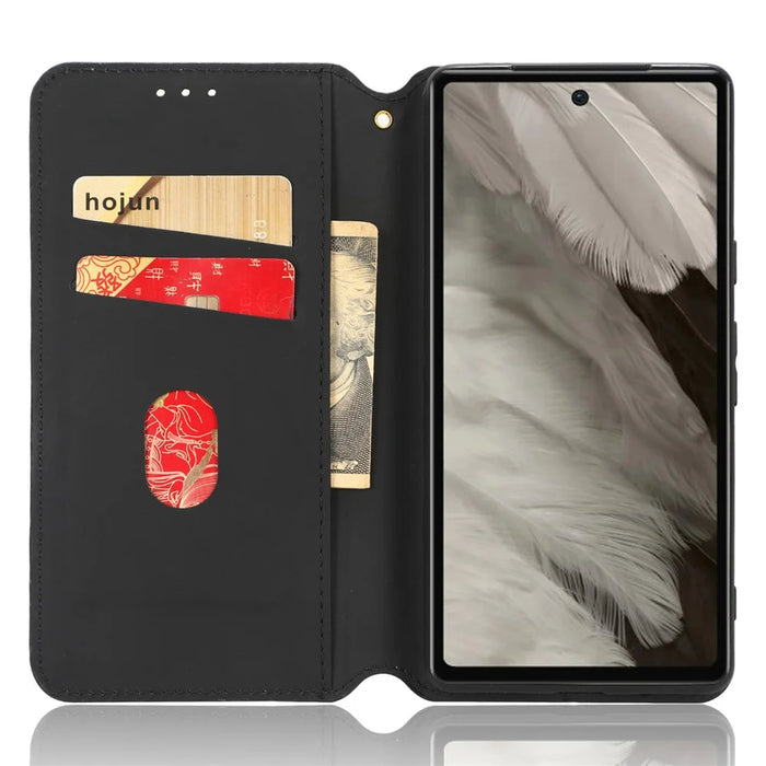 Wallet Phone Case for Google Pixel 7a , PU Leather Imprinted Rhombus Pattern Flip Folio Stand Phone Cover - Black - 2