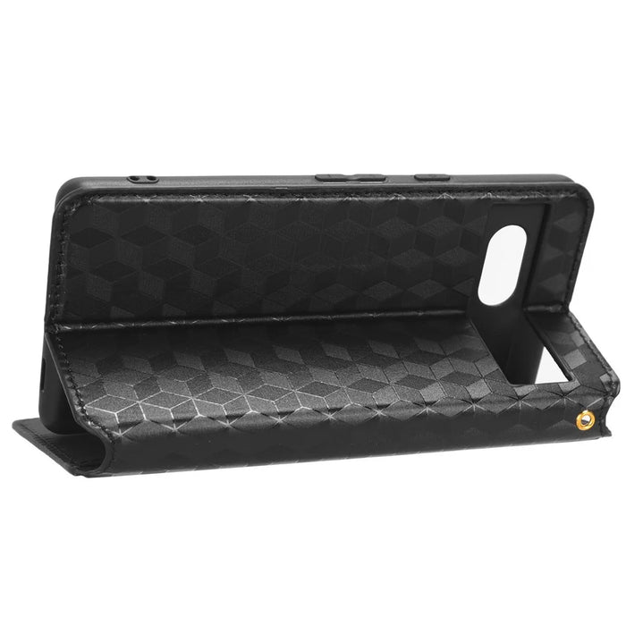 Wallet Phone Case for Google Pixel 7a , PU Leather Imprinted Rhombus Pattern Flip Folio Stand Phone Cover - Black - 3
