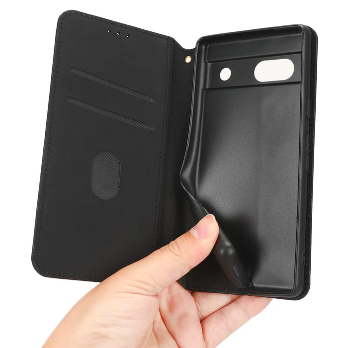 Wallet Phone Case for Google Pixel 7a , PU Leather Imprinted Rhombus Pattern Flip Folio Stand Phone Cover - Black - 4