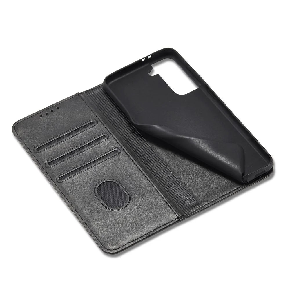 Leather Phone Case For Samsung Galaxy S21 4G / 5G , Wallet Magnetic Stand Calf Texture Anti-scratch Phone Cover - Black - 6