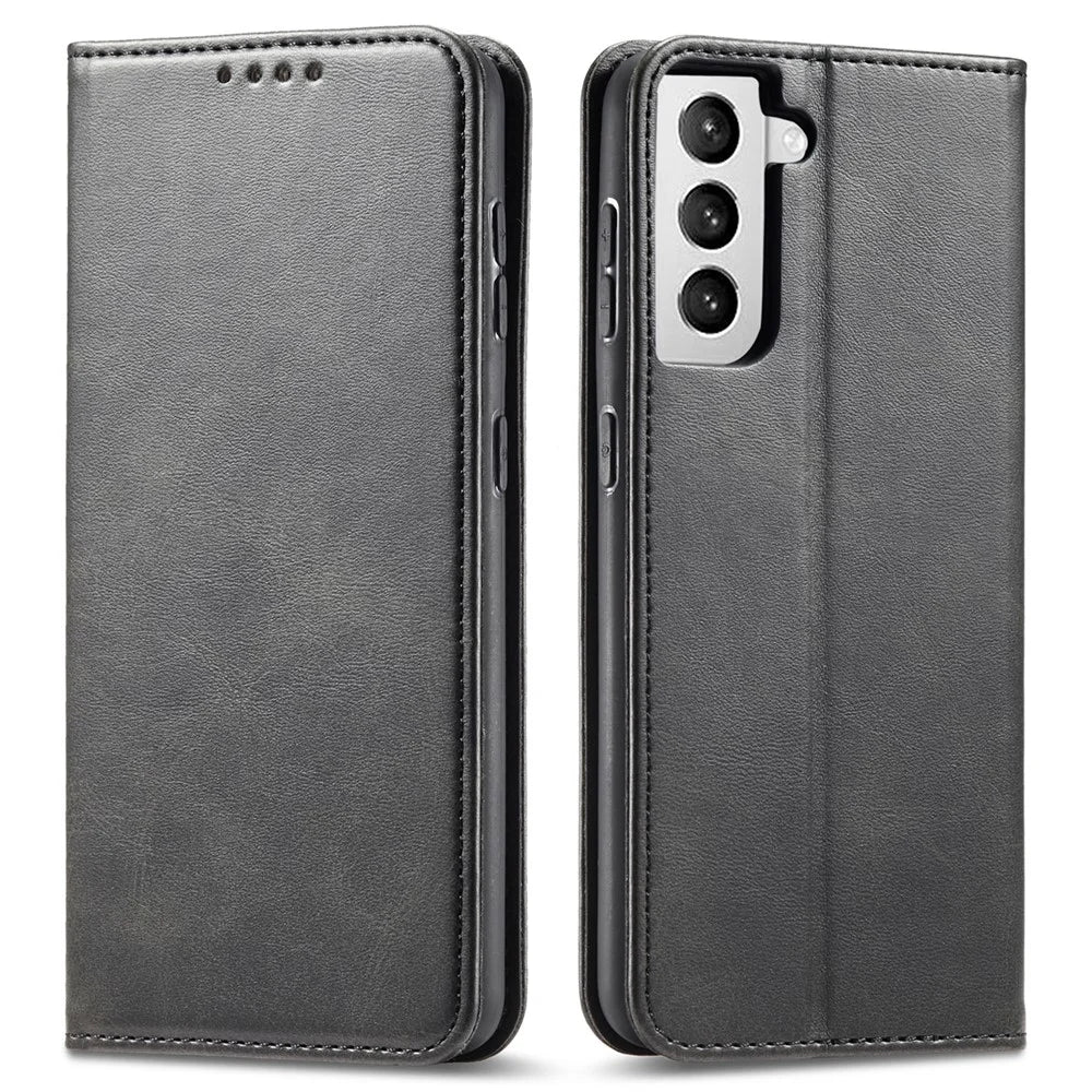 For Samsung Galaxy S21+ 5G Anti-drop Phone Case Stand Calf Texture Flip Phone Cover Card Holder - Black - 1