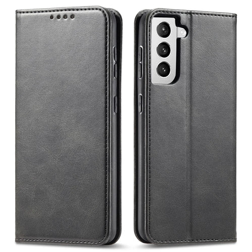For Samsung Galaxy S21+ 5G Anti-drop Phone Case Stand Calf Texture Flip Phone Cover Card Holder - Black - 1