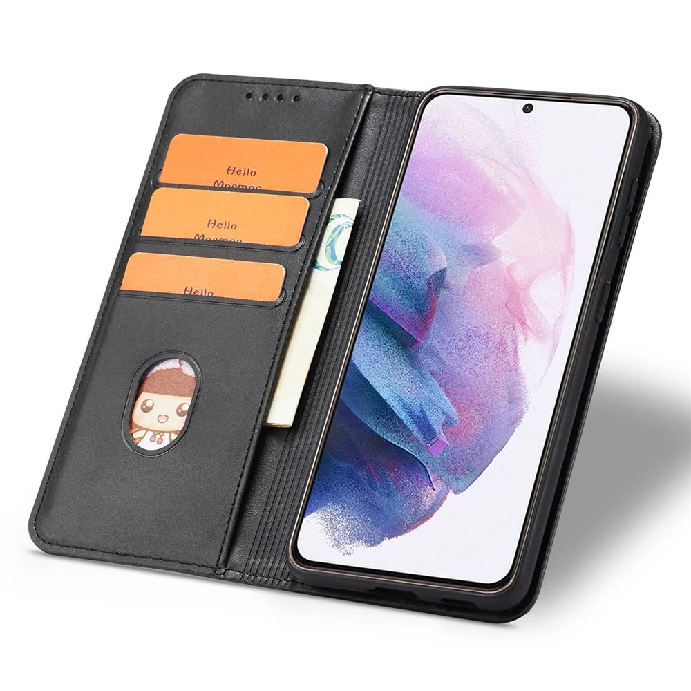 For Samsung Galaxy S21+ 5G Anti-drop Phone Case Stand Calf Texture Flip Phone Cover Card Holder - Black - 2