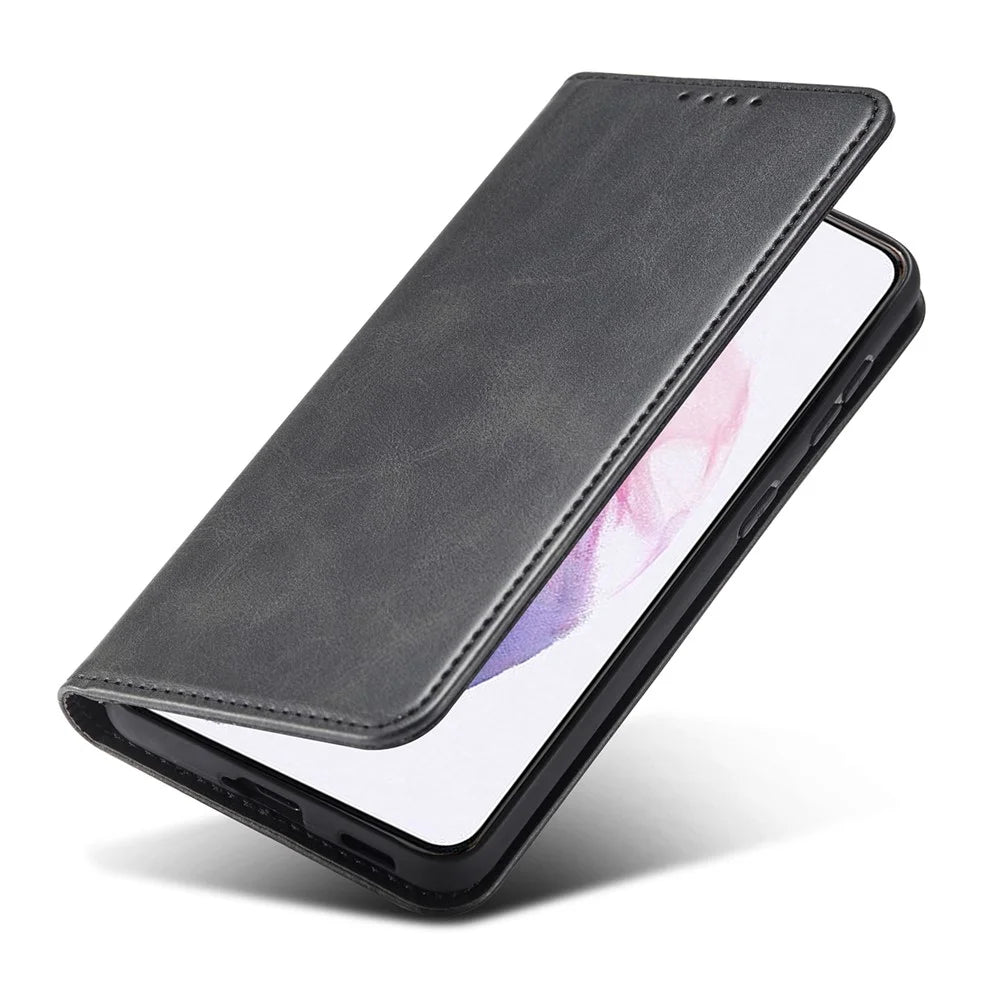 For Samsung Galaxy S21+ 5G Anti-drop Phone Case Stand Calf Texture Flip Phone Cover Card Holder - Black - 5