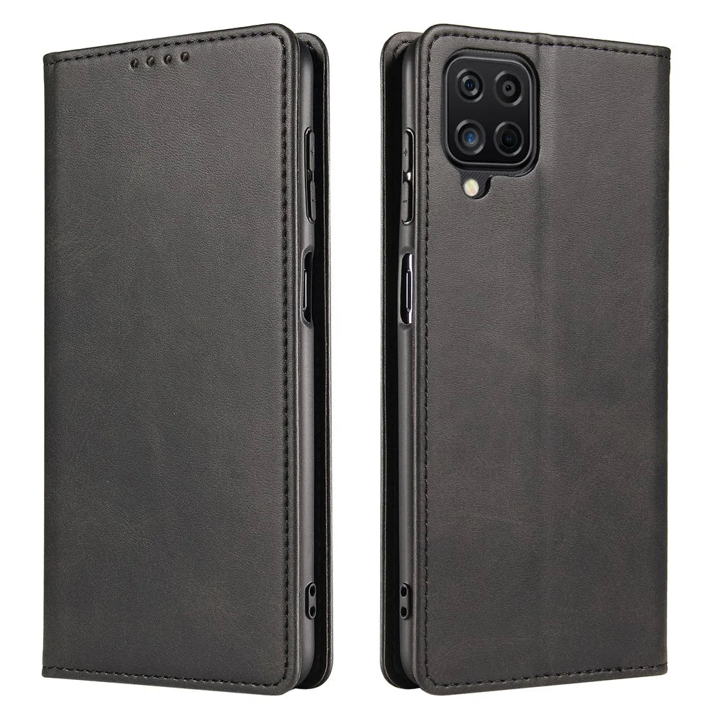 For Samsung Galaxy A12 Flip Leather Phone Wallet Case Stand Calf Texture Magnetic Protective Phone Cover - Black - 1