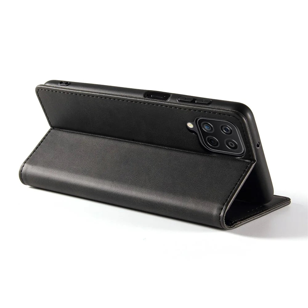For Samsung Galaxy A12 Flip Leather Phone Wallet Case Stand Calf Texture Magnetic Protective Phone Cover - Black - 3