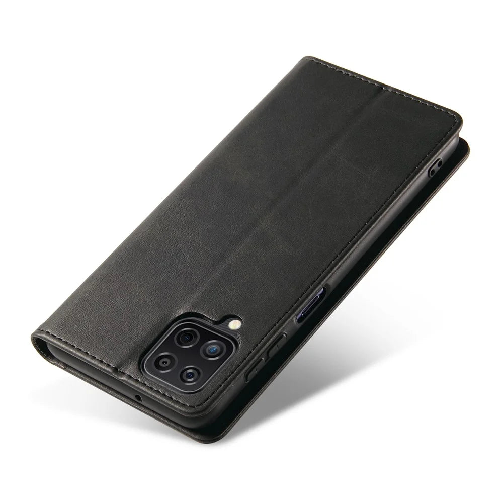 For Samsung Galaxy A12 Flip Leather Phone Wallet Case Stand Calf Texture Magnetic Protective Phone Cover - Black - 4