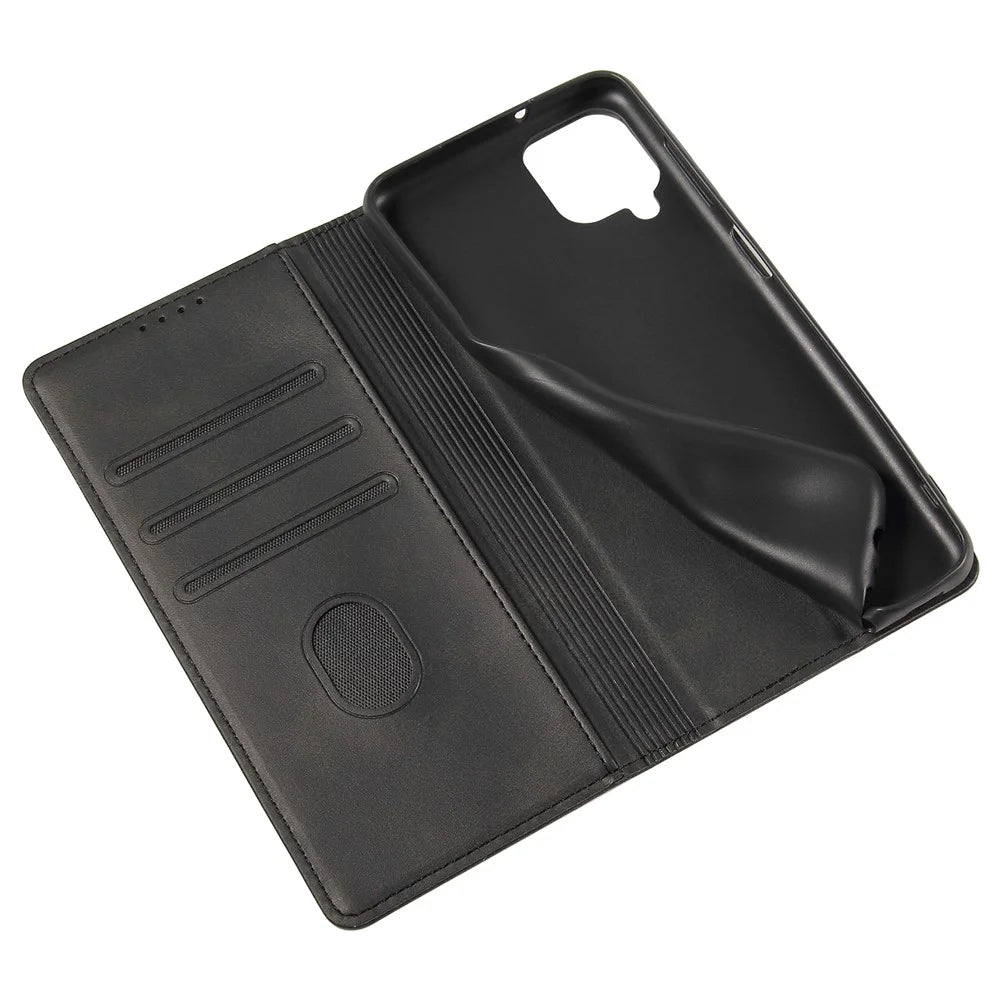 For Samsung Galaxy A12 Flip Leather Phone Wallet Case Stand Calf Texture Magnetic Protective Phone Cover - Black - 5