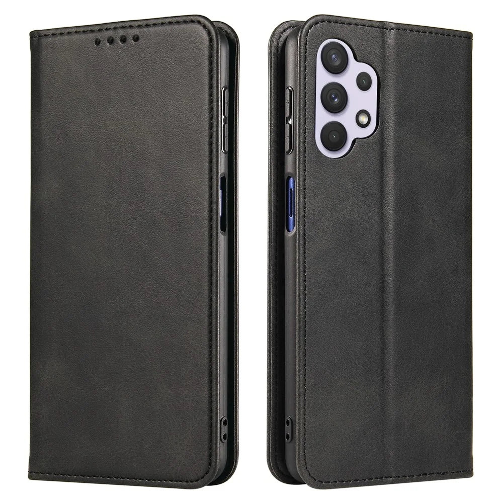 For Samsung Galaxy A32 4G (EU Version) Magnetic Leather Phone Case Stand Calf Texture Anti-scratch Phone Cover Card Holder - Black - 1