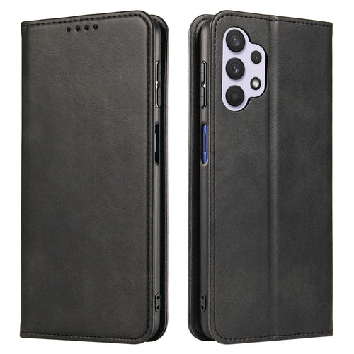 For Samsung Galaxy A32 4G (EU Version) Magnetic Leather Phone Case Stand Calf Texture Anti-scratch Phone Cover Card Holder - Black - 1