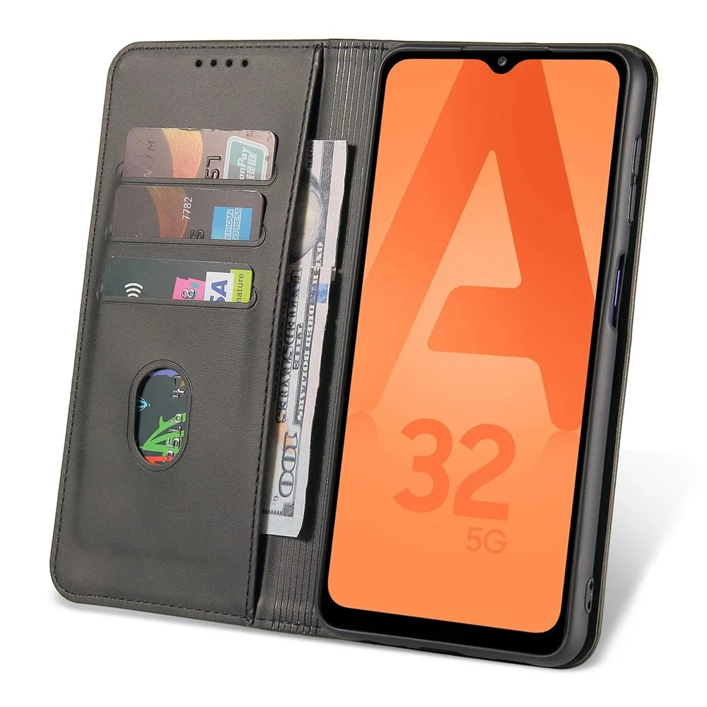 For Samsung Galaxy A32 4G (EU Version) Magnetic Leather Phone Case Stand Calf Texture Anti-scratch Phone Cover Card Holder - Black - 2