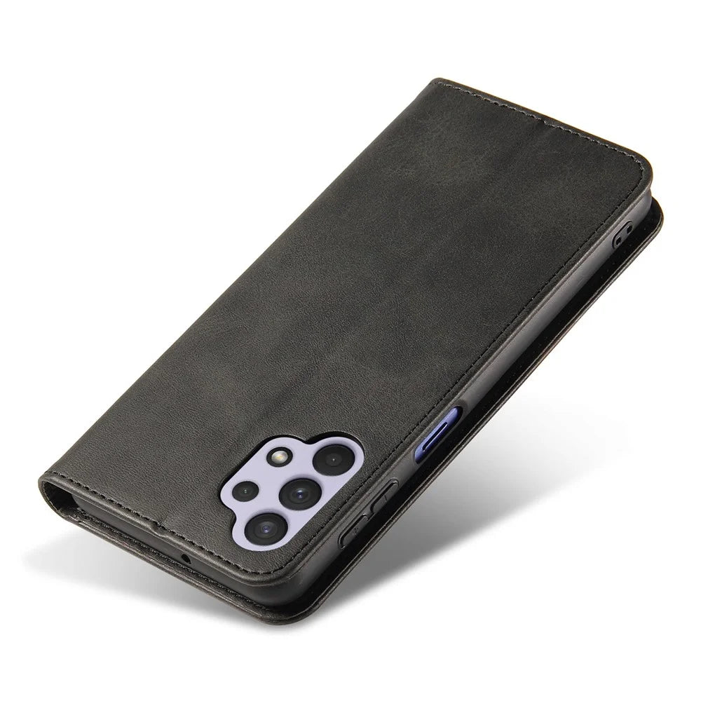 For Samsung Galaxy A32 4G (EU Version) Magnetic Leather Phone Case Stand Calf Texture Anti-scratch Phone Cover Card Holder - Black - 4