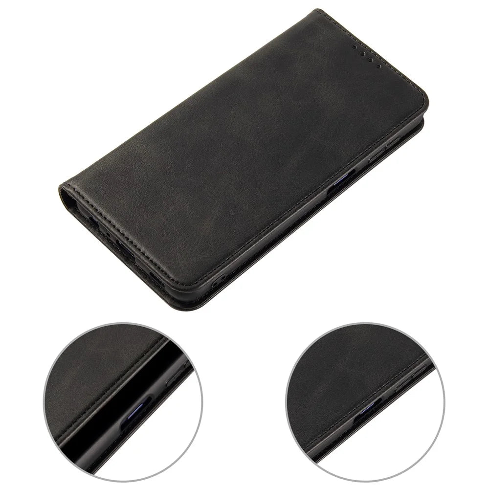 For Samsung Galaxy A32 4G (EU Version) Magnetic Leather Phone Case Stand Calf Texture Anti-scratch Phone Cover Card Holder - Black - 6