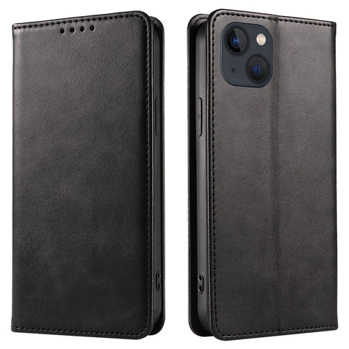 For iPhone 13 6.1 inch Leather Stand Phone Case Calf Texture Wallet Magnetic Cell Phone Cover - Black - 1