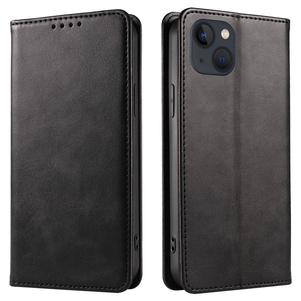 For iPhone 13 6.1 inch Leather Stand Phone Case Calf Texture Wallet Magnetic Cell Phone Cover - Black - 1