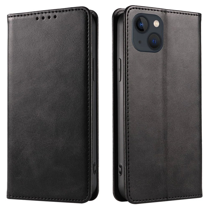 For iPhone 13 6.1 inch Leather Stand Phone Case Calf Texture Wallet Magnetic Cell Phone Cover - Black - 1